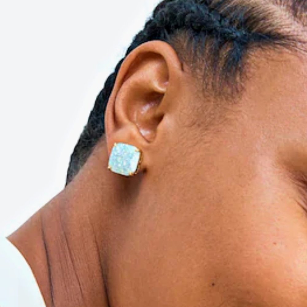 NWT Kate Spade Earings Square Mini Glitter Stud Opal Gold - Picture 4 of 5